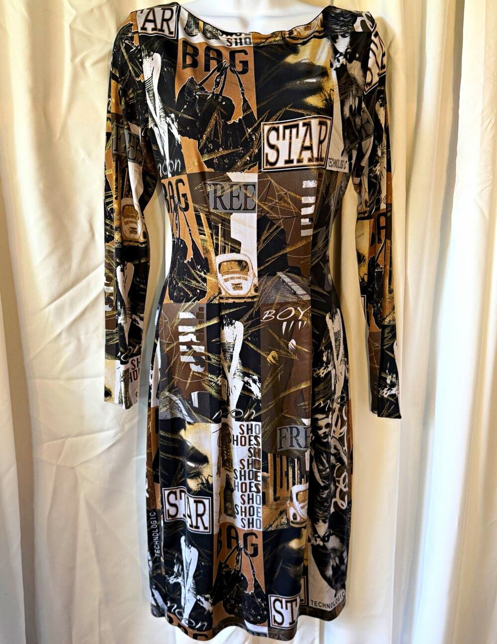 Caché Graphic chic Y2K Newspaper Print Bodycon Dress Medium NEO Nostalgia